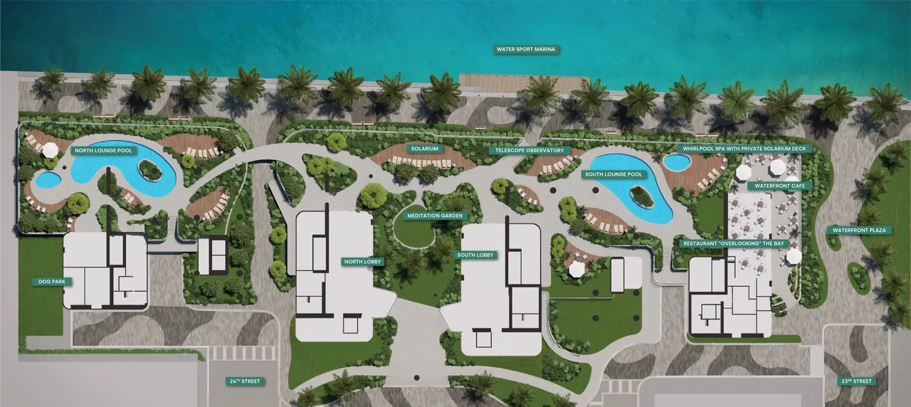 Aerial site plan of the waterfront amenity deck with labeled pools, lobbies, gardens and marina