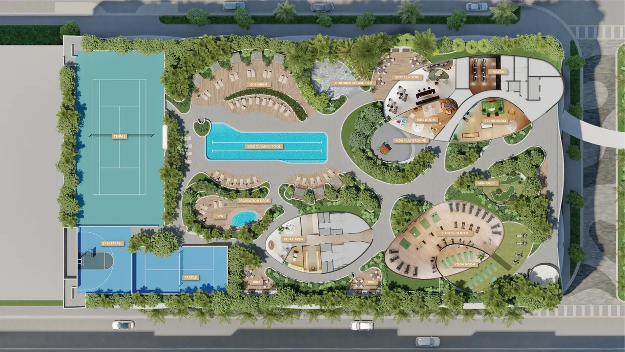 Aerial site plan of the amenity deck with lap pool, tennis and pickleball courts, and lawns