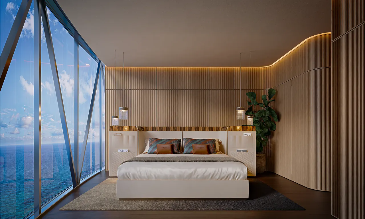 Primary bedroom with fluted wood walls, pendant lights and floor-to-ceiling glass over the water