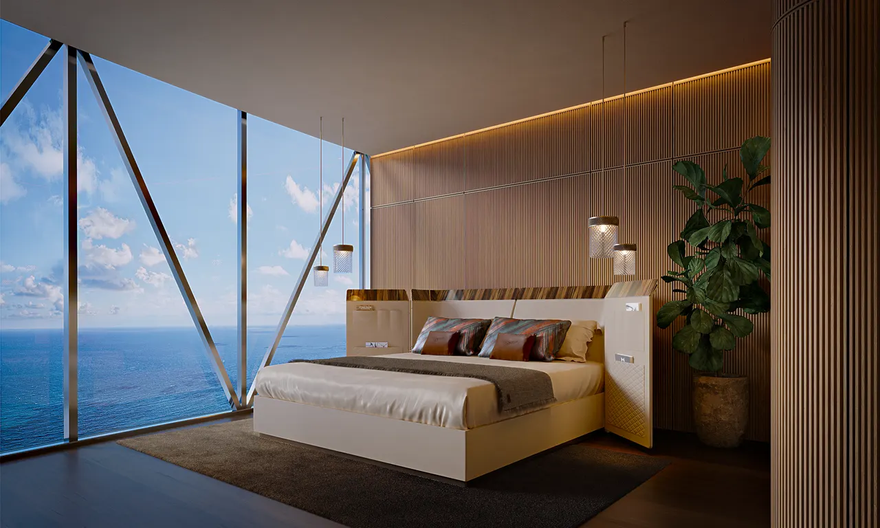Primary bedroom with floor-to-ceiling glass, exposed diagonal bracing and open water views