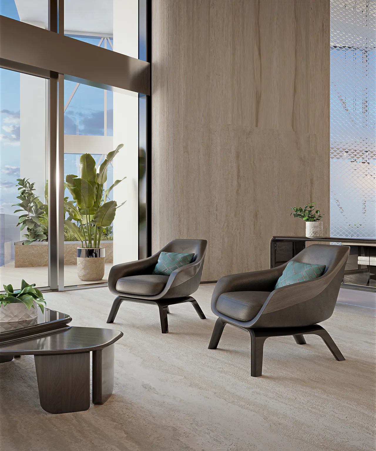 Lounge seating area with leather armchairs, fluted wood wall and floor-to-ceiling windows