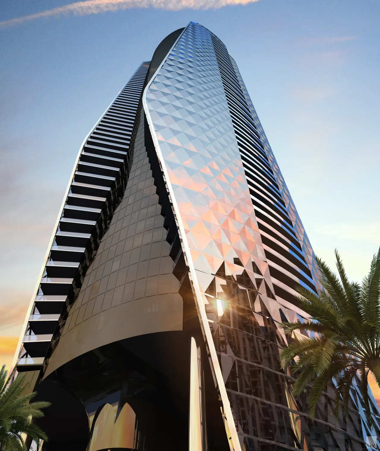 Upward view of a glass tower with a faceted diamond-patterned facade against a sunset sky