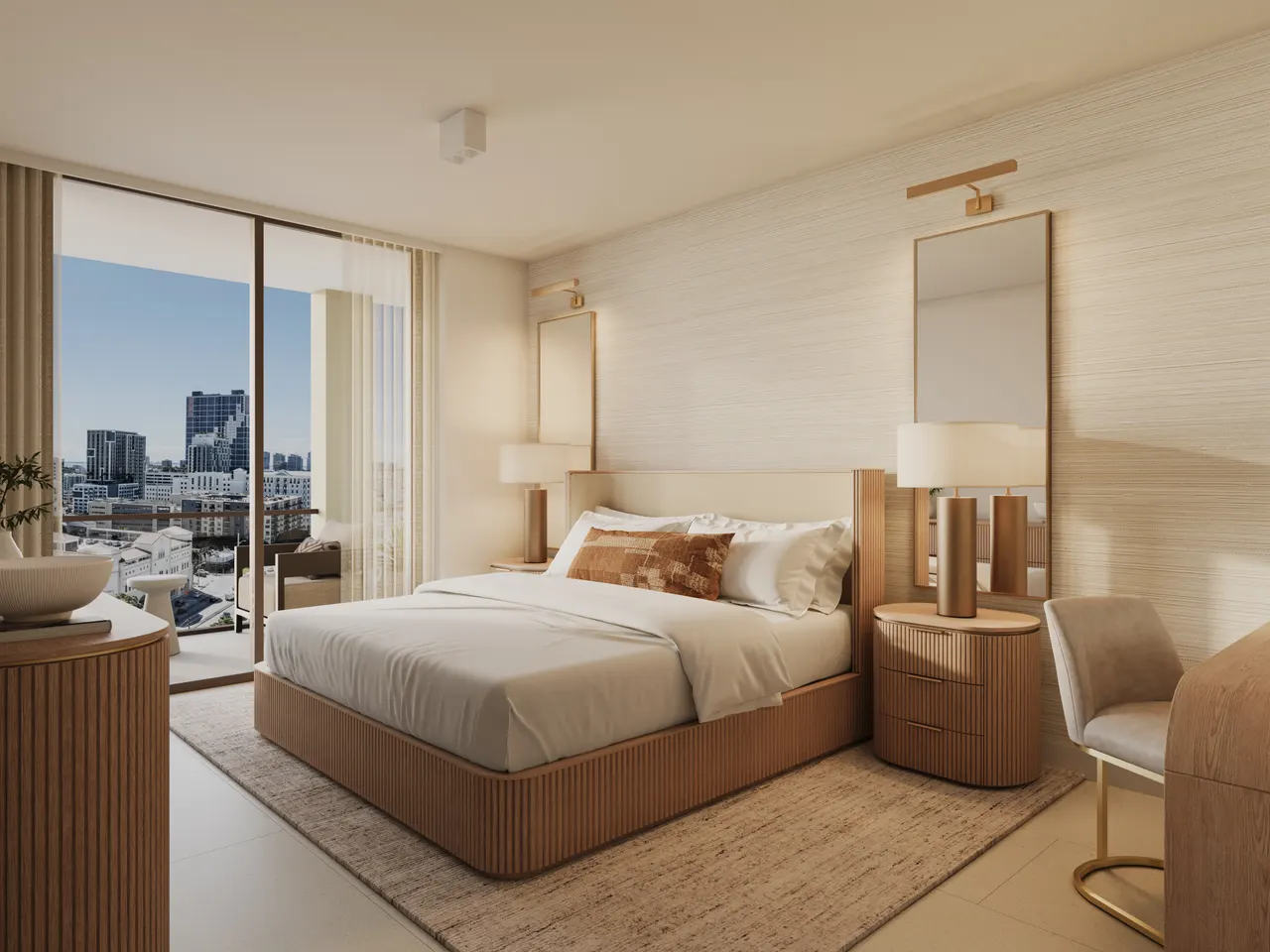 Bedroom with fluted wood bed, ribbed nightstands and floor-to-ceiling glass opening to a city view