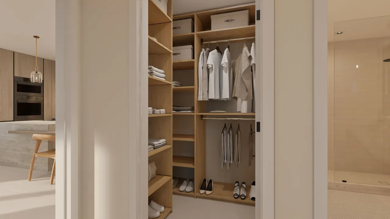 Walk-in closet with light wood shelving, hanging rods and shoe storage beside the kitchen