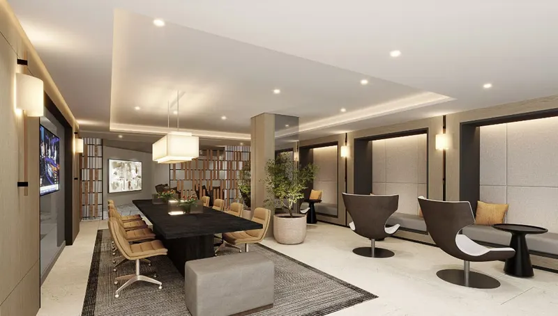 Residents' business center with long conference table, swivel chairs and built-in banquette nooks