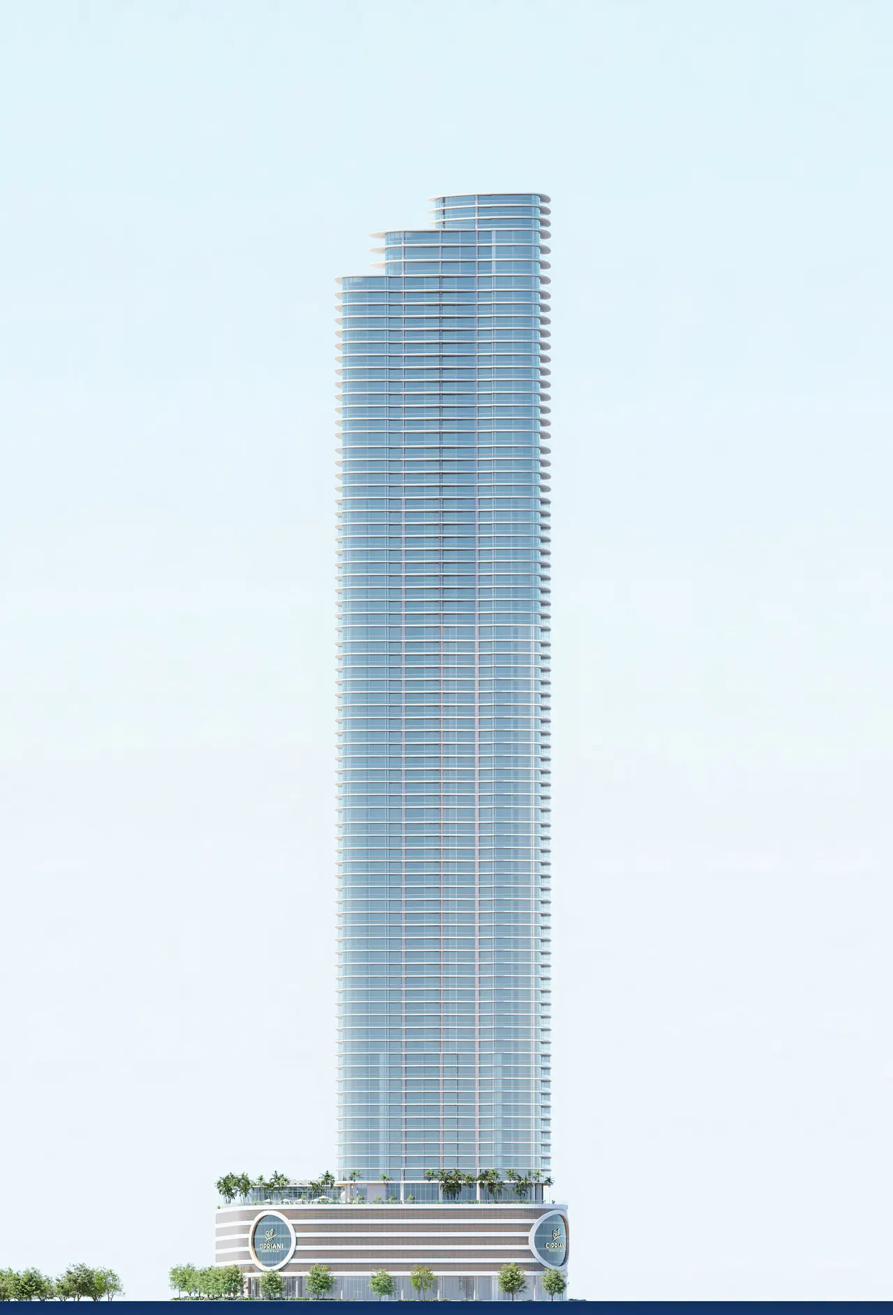 Full elevation of a slender glass tower with stepped crown above a landscaped podium base