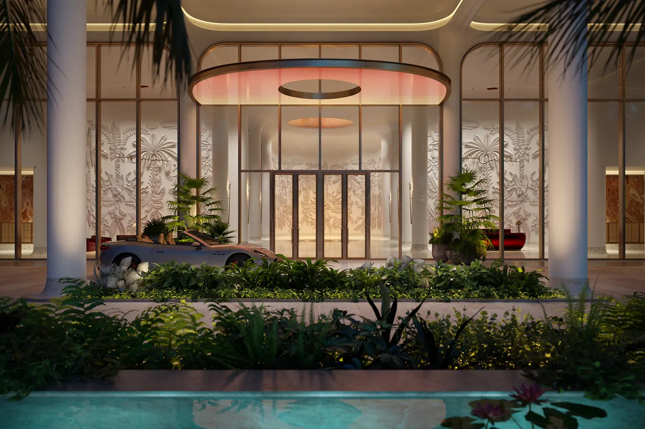 Covered porte-cochere arrival with arched glass doors, sports car, lush planting and reflecting pool