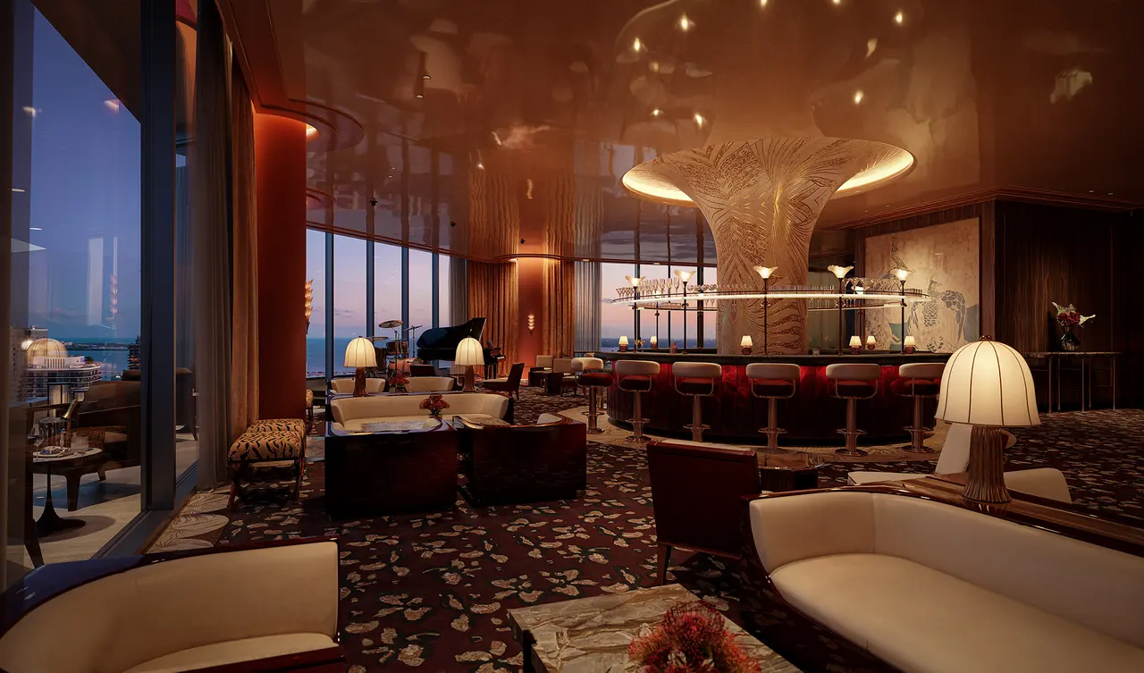 Dimly lit lounge bar with round bar, velvet stools, grand piano and floor-to-ceiling windows at dusk