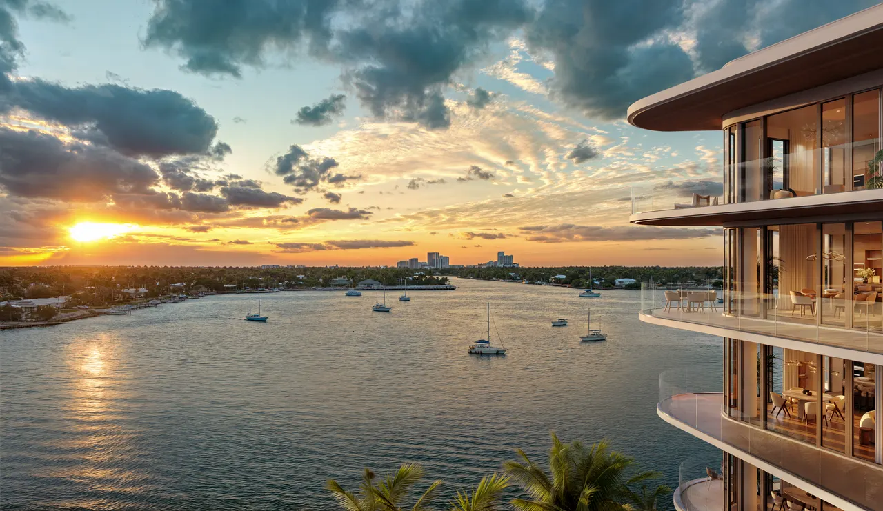 Curved glass balconies of a waterfront tower overlooking sailboats at sunset