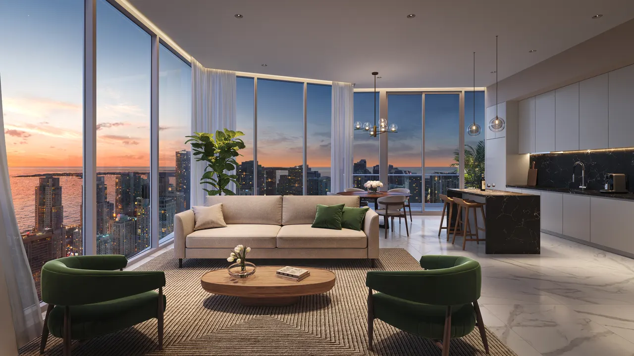 Corner living room with floor-to-ceiling windows framing skyline and water views at sunset