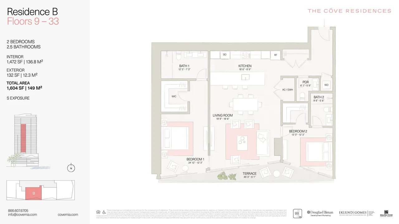 Floor plan for Residence B at The Cove, a two-bedroom, two-and-a-half-bath layout with terrace