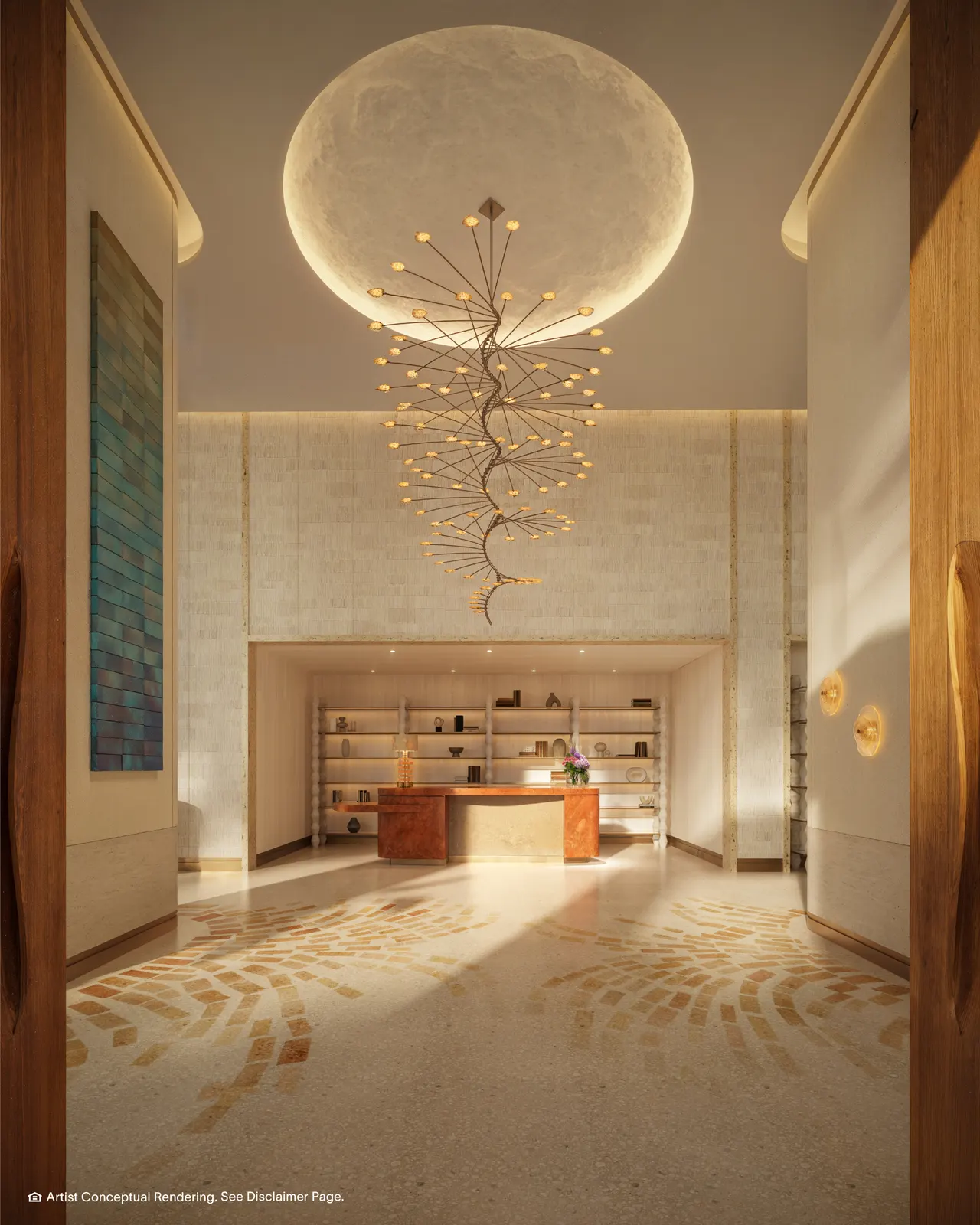 Double-height lobby with sculptural gold chandelier, backlit domed ceiling and curved reception desk