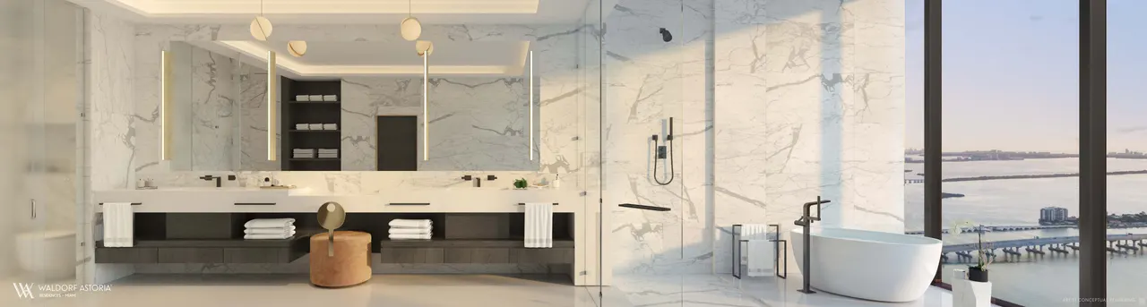 Marble primary bath with double vanity, glass walk-in shower and freestanding tub by the window