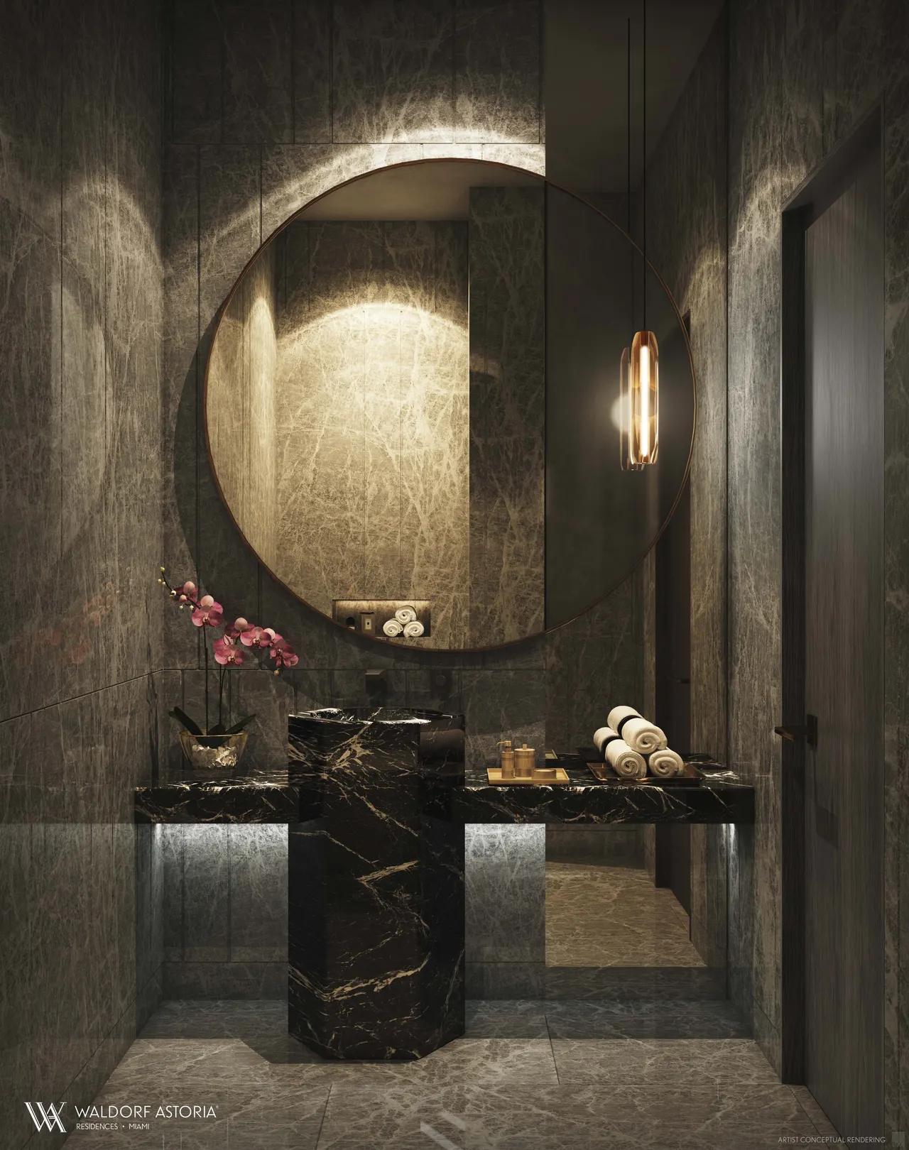 Dark powder room with black marble pedestal sink, round backlit mirror and stone-clad walls
