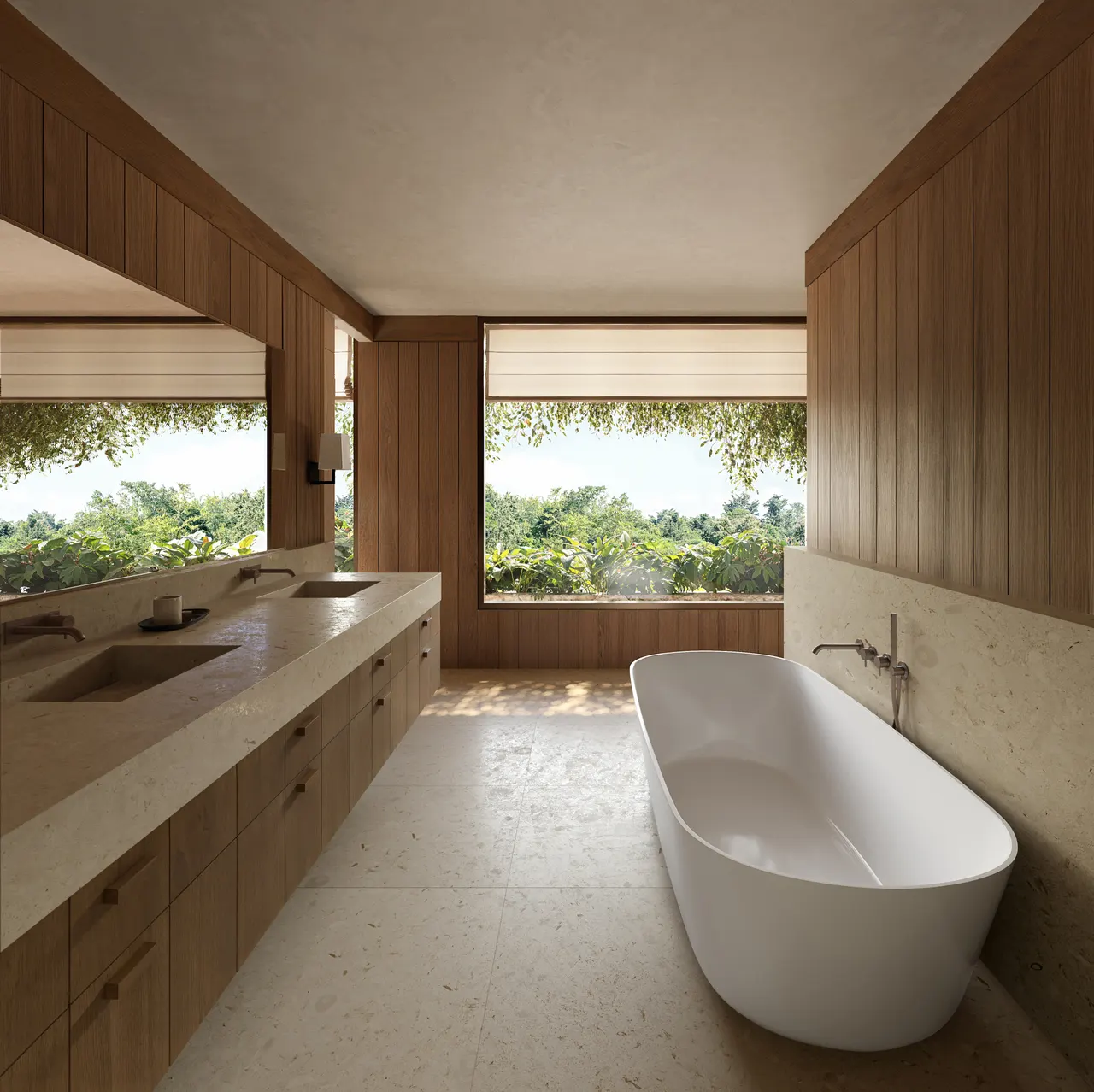 Primary bathroom with freestanding tub, wood-paneled walls, double stone vanity and garden views